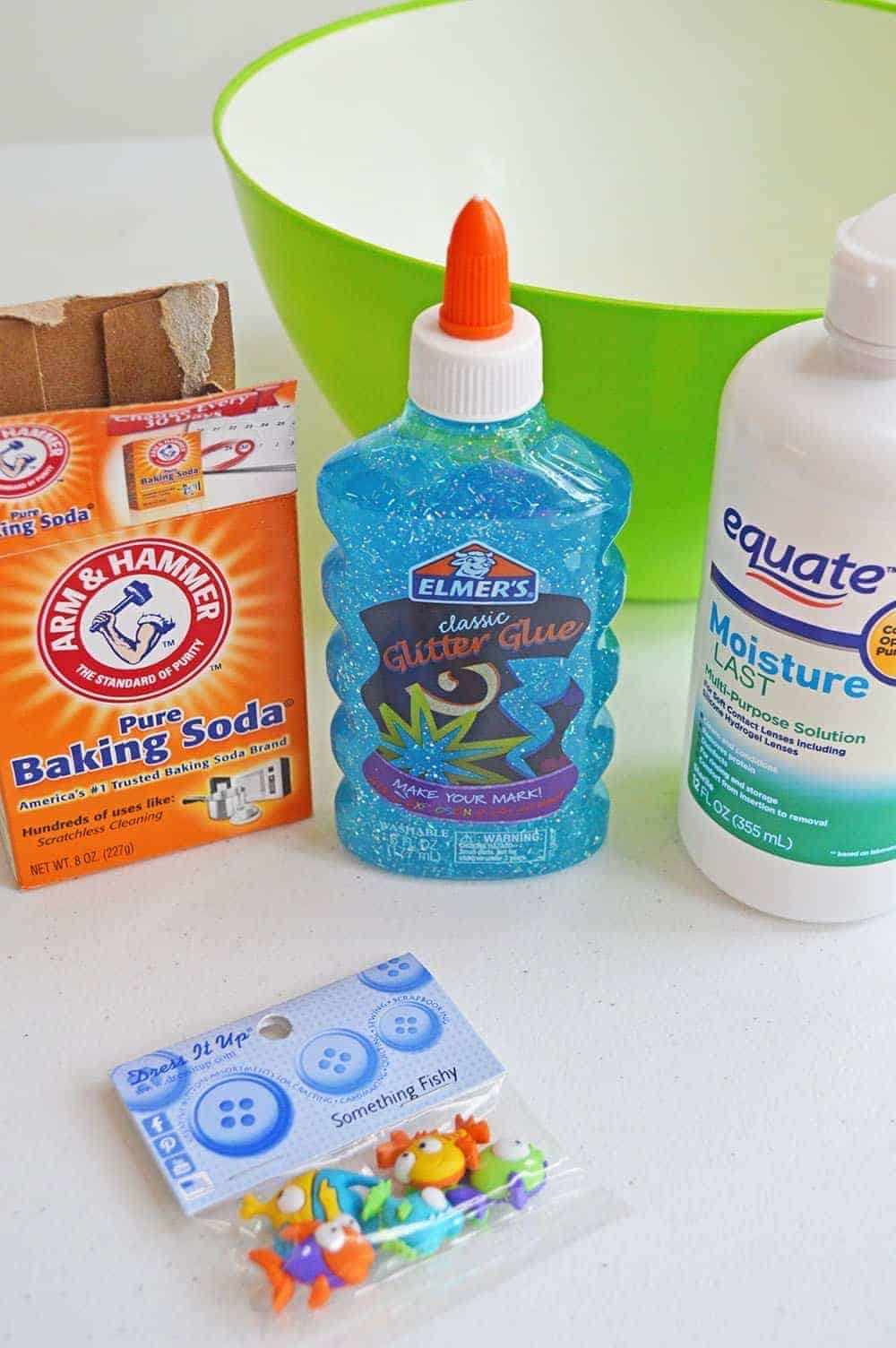 Supplies for Ocean Themed Elmer's Slime Recipe.