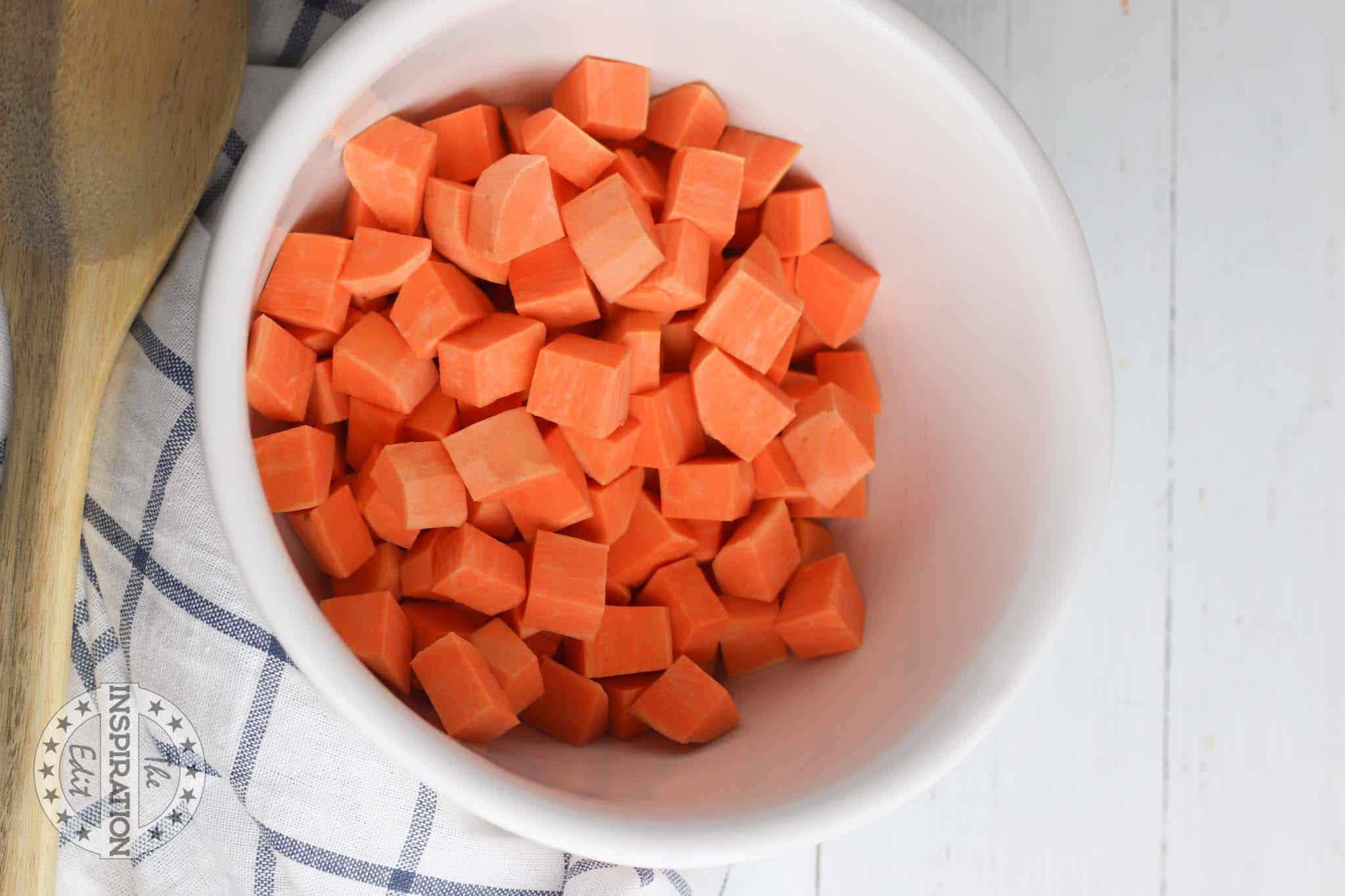 Chopped sweet potatoes in small squares.