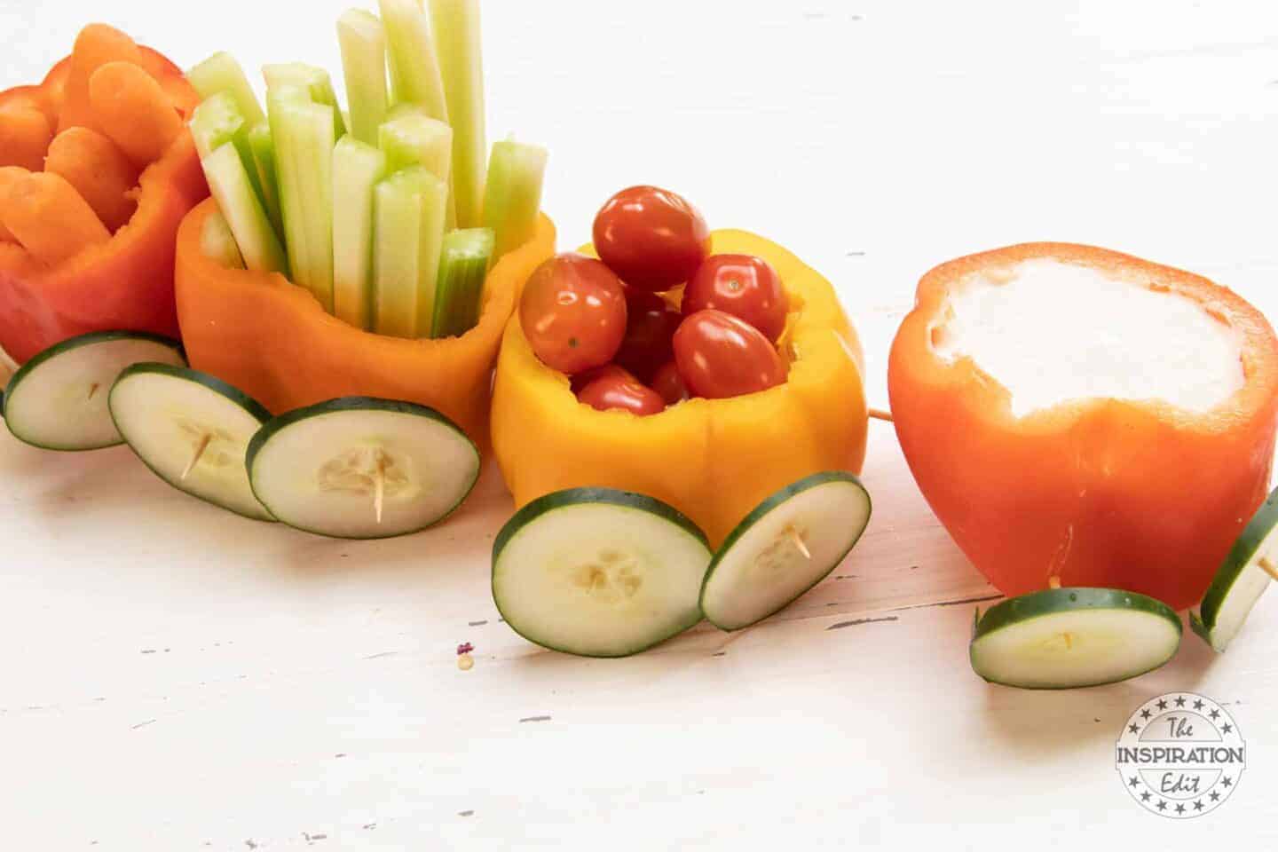 Making a Veggie Train from Bell Peppers.