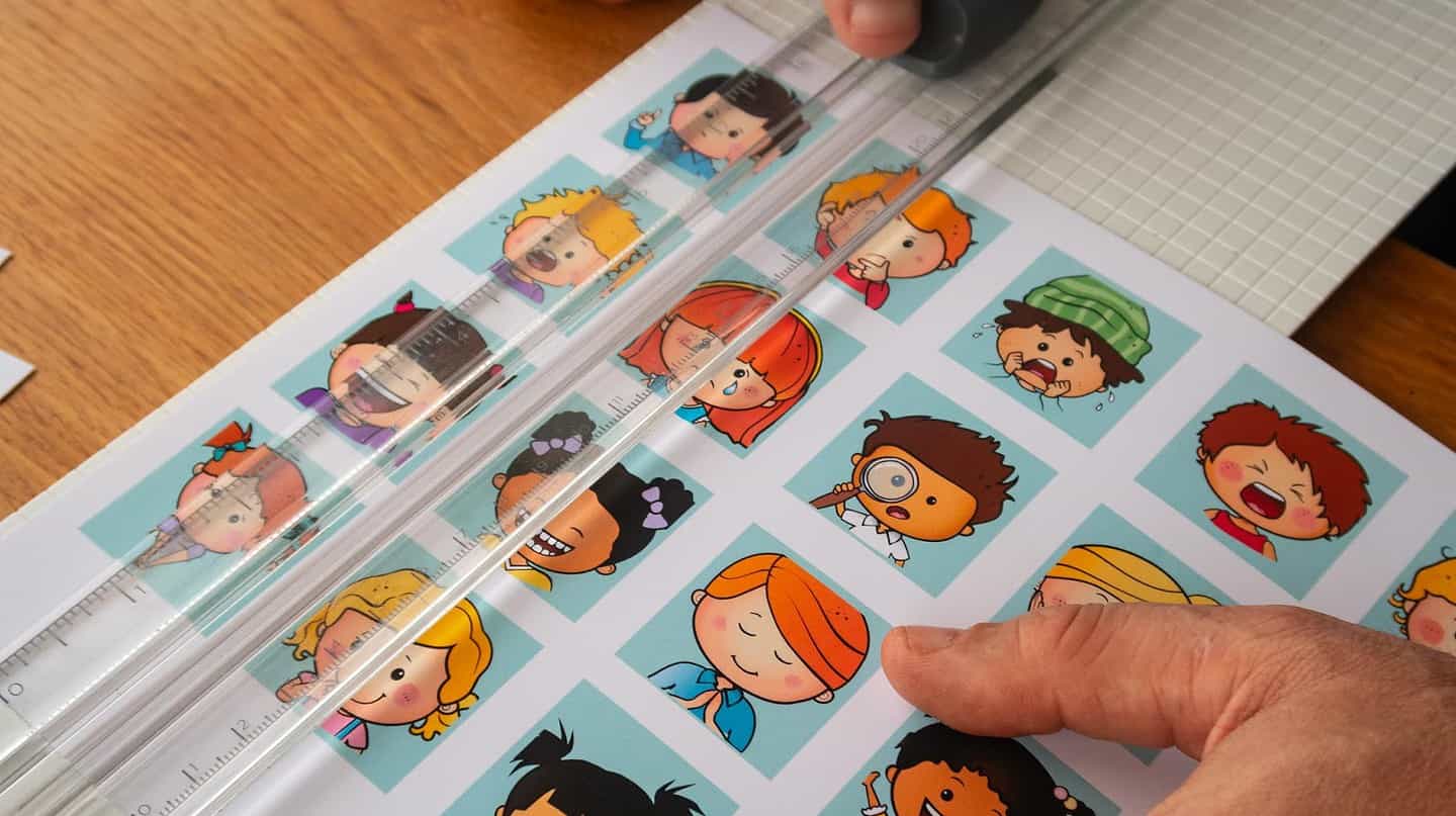 Cutting out bingo calling cards with a trimmer.