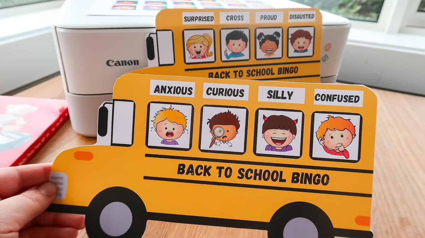 Printed bingo emotions template for kids bingo game.