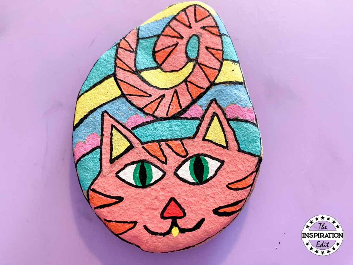 cat painted rock stone.