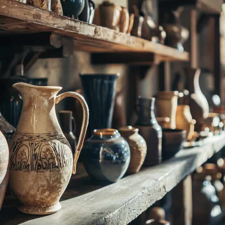 Decorating With Antiques | vintage ceramic pottery rustic wooden shelves workshop.