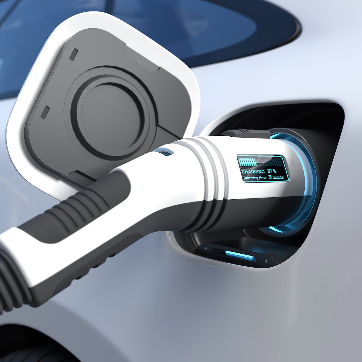 Electric car is charging the battery at the Ev charging station.