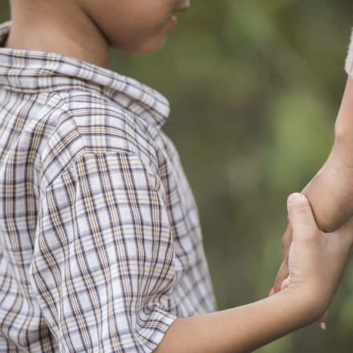 Close up of happy mum and son holding hand in a park. Family concept.