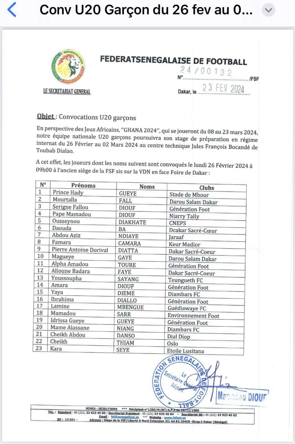 Jeux Africains 2024 - Equipe nationale U20 : 23 Lionceaux retenus dont Amara Diouf pour la dernière phase de préparation - wiwsport