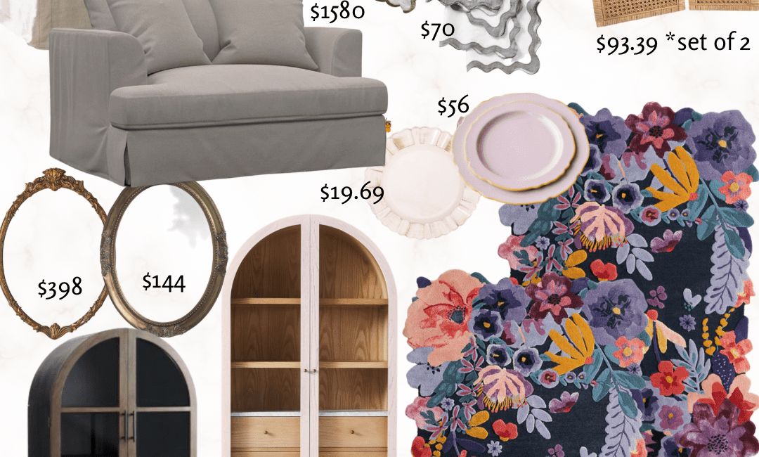 anthropologie home dupes / anthropologie home finds / home decor / home accents / home furniture/ home essentials / amazon home / etsy home / affordable home refresh / spring home decor / living room / rug / arched cabinet/ gold oval mirror / modern boho / comfy cozy home