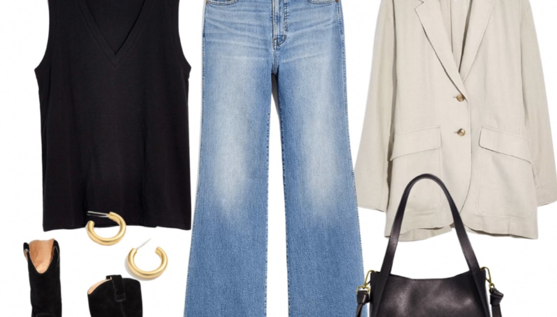Easy fall style- Madewell denim flares and black tank, with a neutral blazer