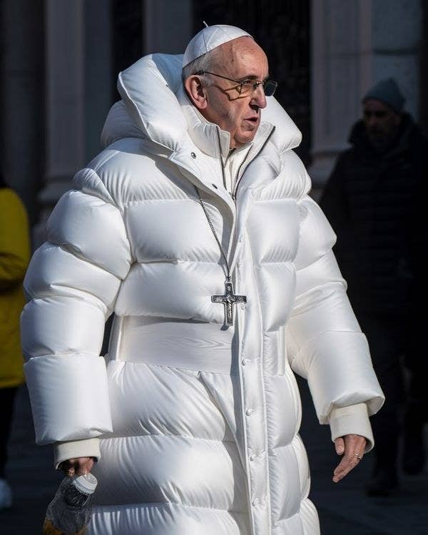 Image du pape dans une grande blouse blanche. Ai générée