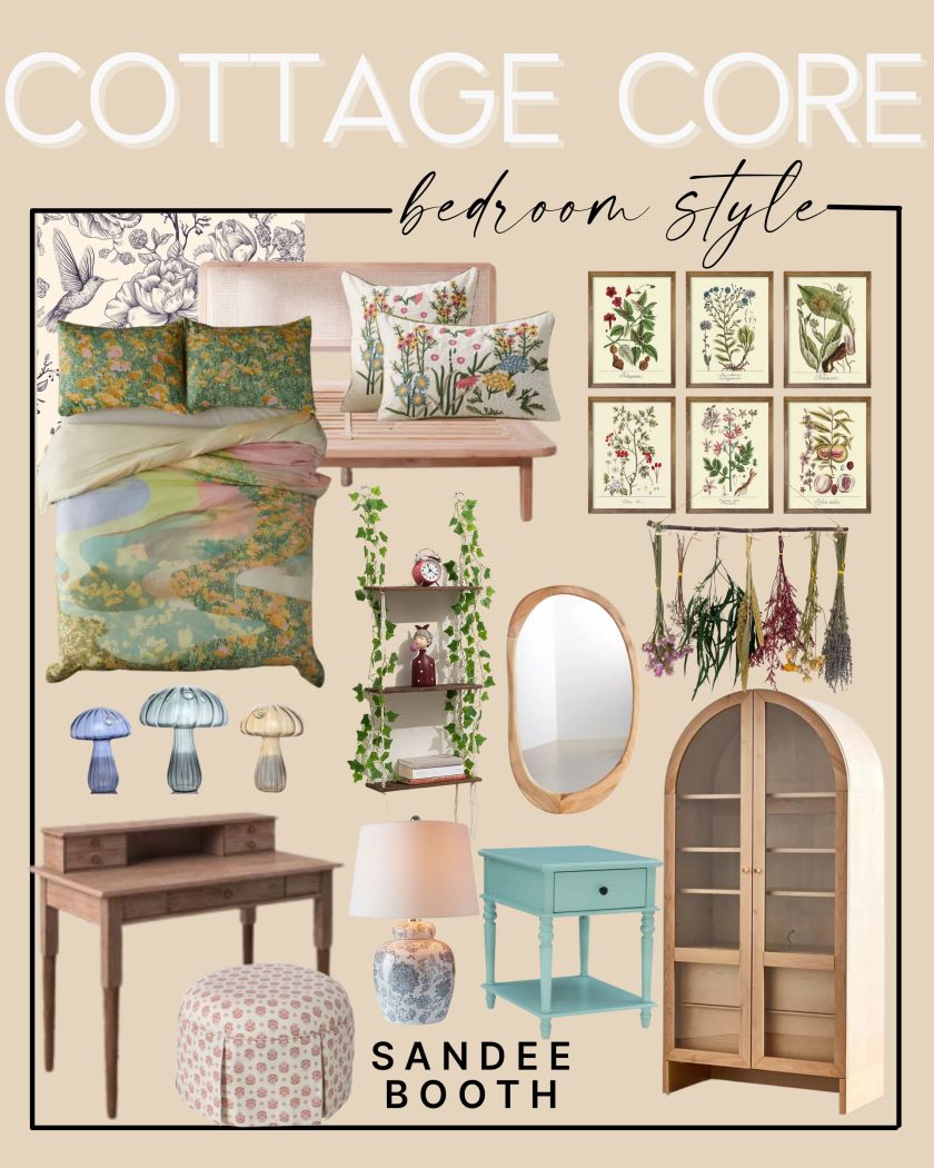 collage of items for Cottage Core Bedroom Style