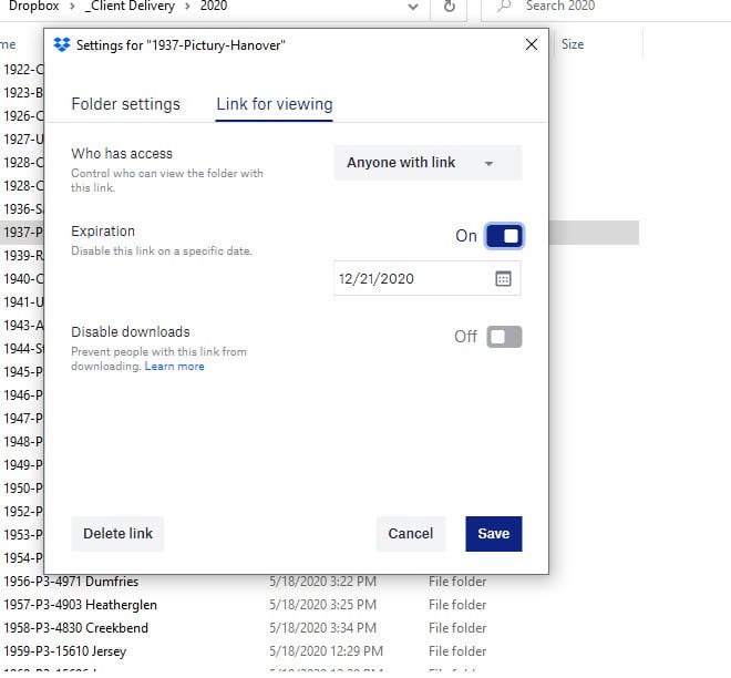 DropBox Share Settings