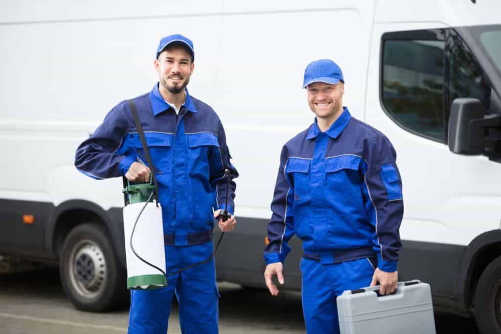 pest control workers smiling over a job well done doing the pest control services