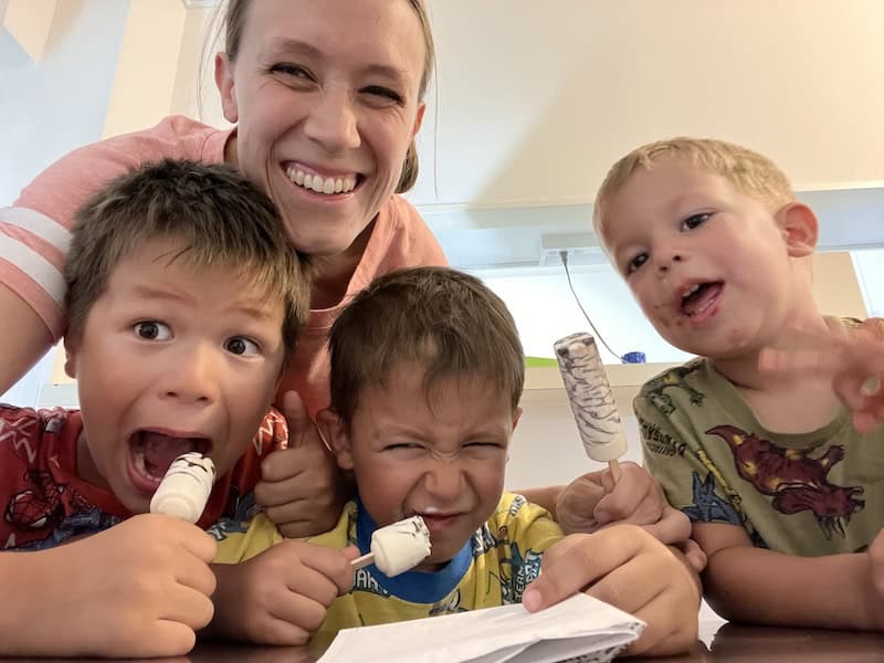 Rosie with the three boys eating ice cream