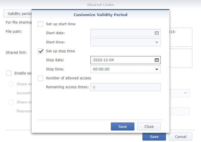 File Station Shared Link Validity Settings