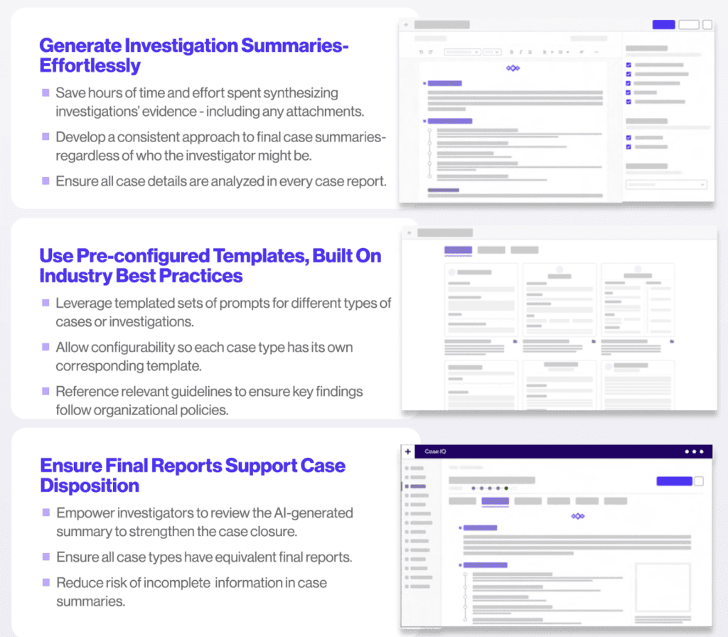 Screenshots highlighting AI-powered case summary generation, pre-configured templates, and report finalization capabilities for workplace investigations.