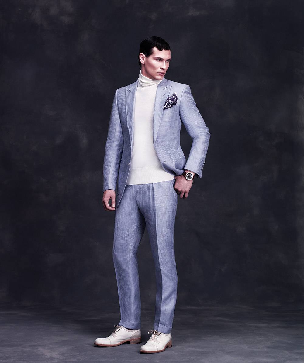 TOM FORD Silk cotton jacket  $4,020 Cotton cashmere turtleneck $990 Silk cotton trousers  $1,240  www.tomford.com BERLUTI Lizard derby shoe  $4,300 www.berluti.com Richard Mille  RM033 $115,000 www.richardmille.com 