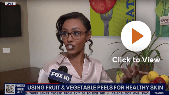 Dr. Alaa Gerais holding fruit and vegetable peels for natural skincare on Fox10 segment