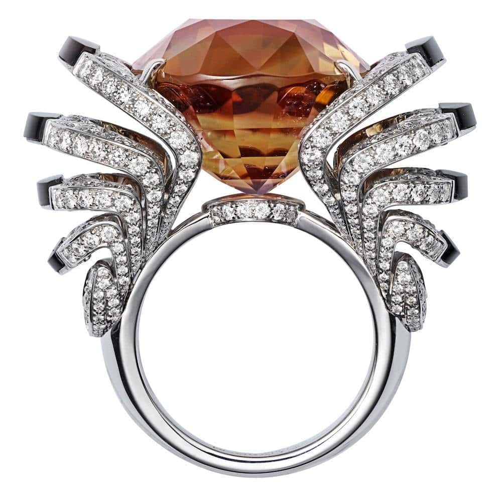 White gold ring with one 33.42-carat brown tourmaline, obsidian, brilliants