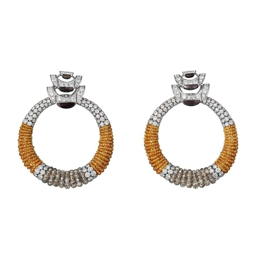 White gold creoles with mandarin garnet beads, brown diamond beads, obsidian, brilliants