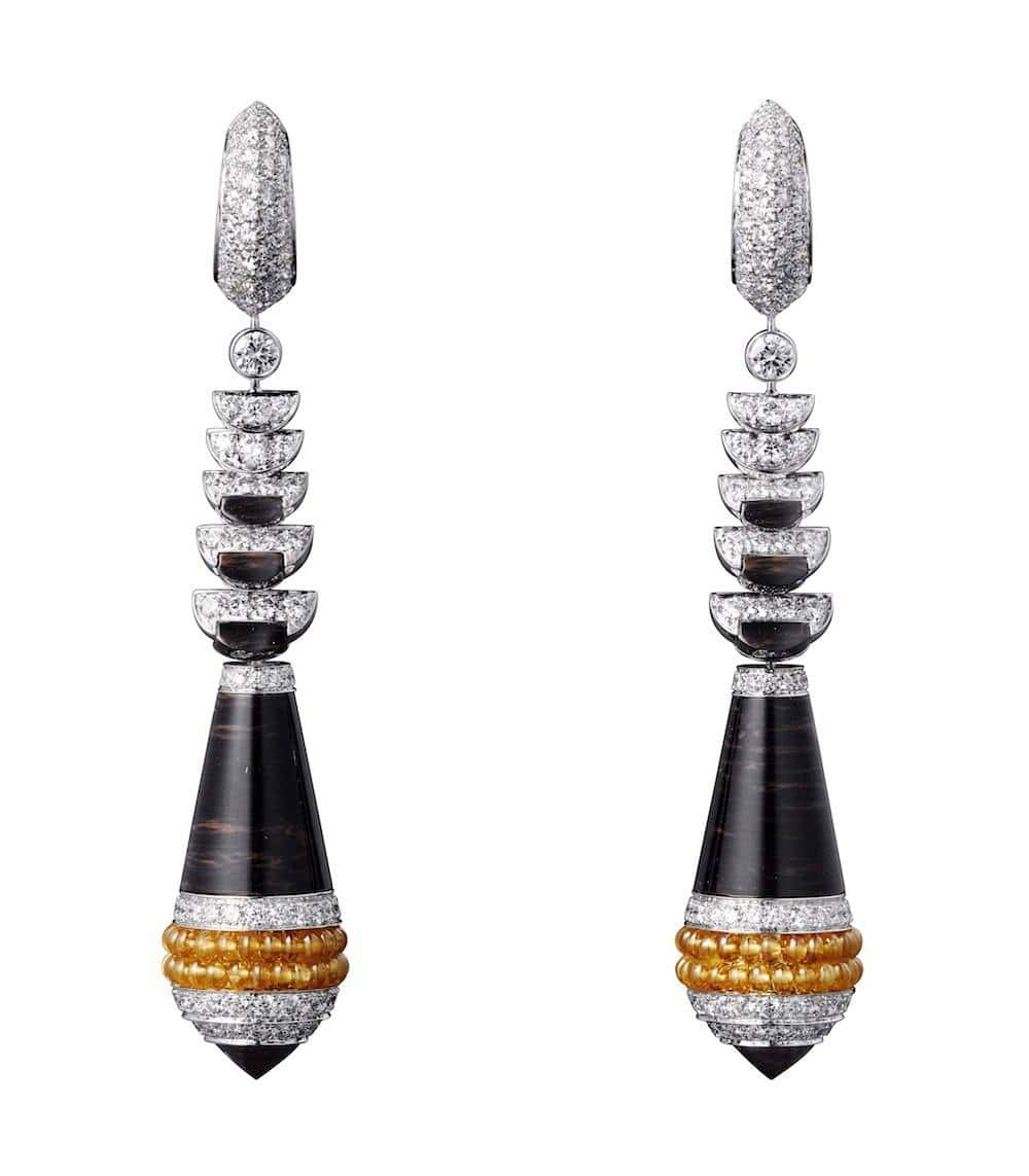 White gold earrings with mandarin garnet beads, obsidian, brilliants