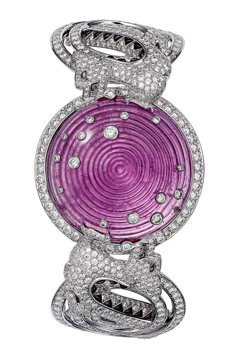 Platinum bracelet with one 66.43-carat carved rubellite, onyx, brilliants