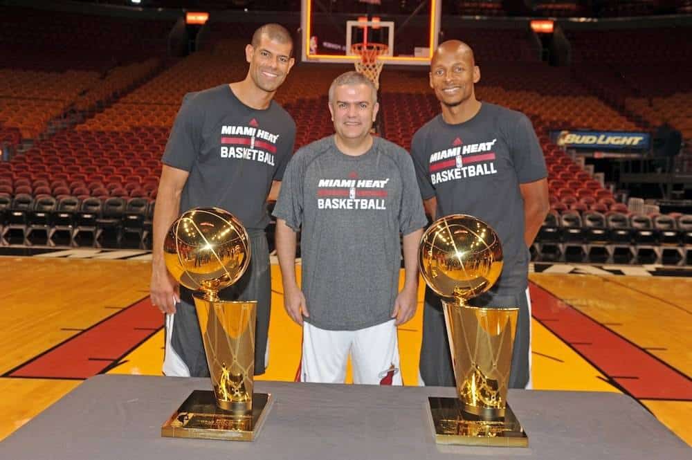 December 2, 2013 Miami, Florida United States Hublot celebrates brand ambassador , Dwyane Wade, at the American Airlines Arena where they hosted a basketball clinic. Shane Battier and Ray Allen with Hublot, CEO, Ricardo Guadalupe. ( Andrea Renault/ Hublot/ AFP Services)