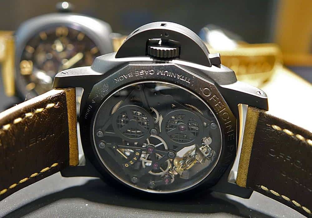 View of the Officine Panerai Lo Scienziato Luminor 1950 Tourbillon GMT Ceramica Case back