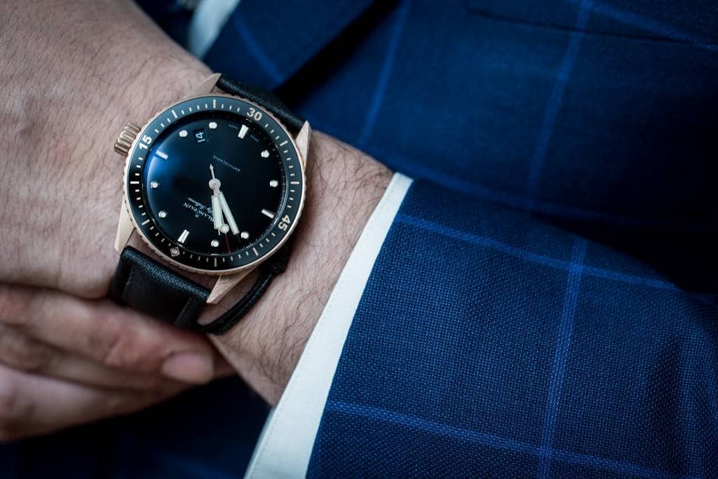 Blancpain Fifty Fathoms Bathyscaphe Watch In Ceramic and rose gold wrist