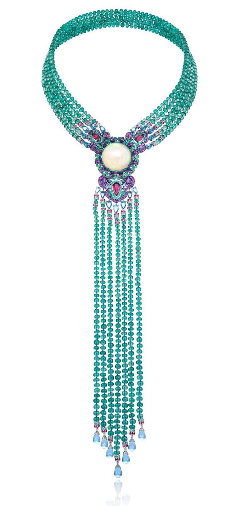 Red Carpet necklace in 18ct white gold and titanium set with tanzanite beads (843cts), mutlicolored sapphires (8.5cts), amethysts (7.6cts), rubies (5cts), Paraiba tourmalines (3.9cts) and tanzanites