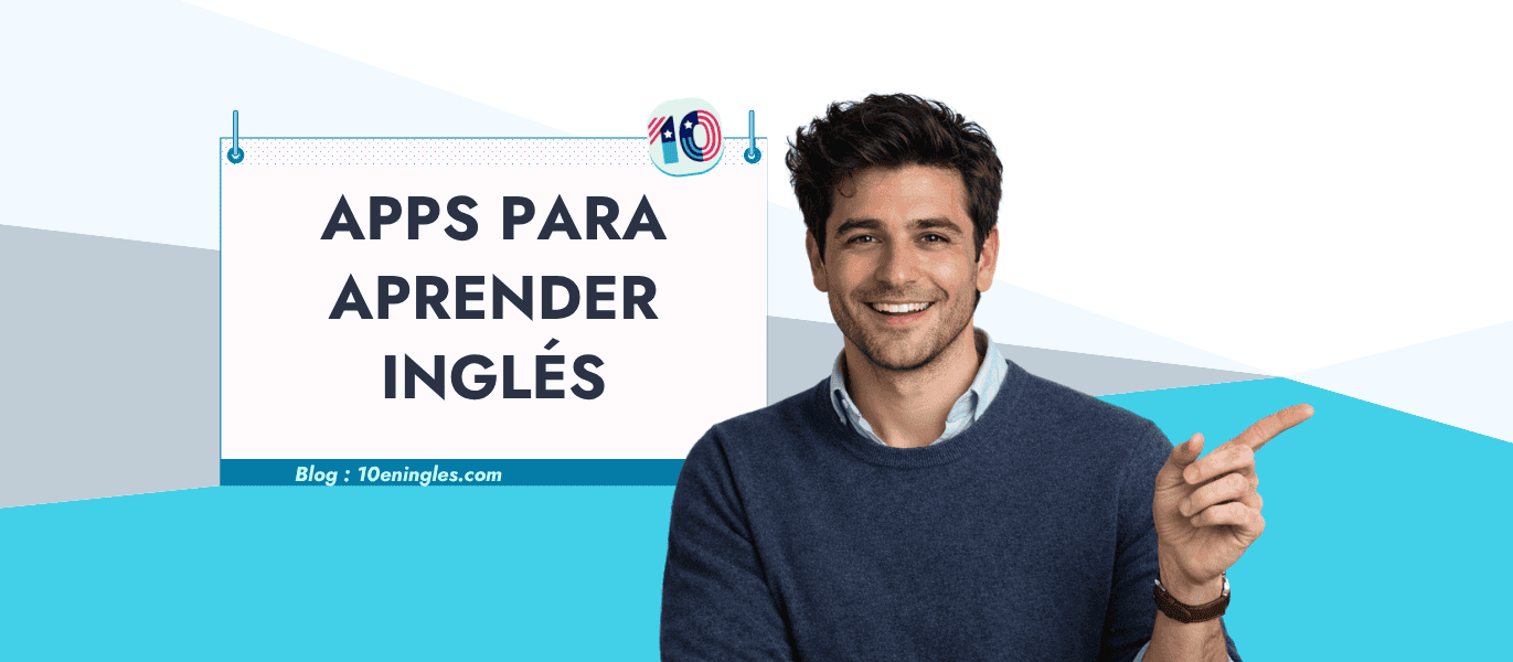 Joven sonriente señalando un cartel sobre las mejores aplicaciones para aprender inglés gratis
