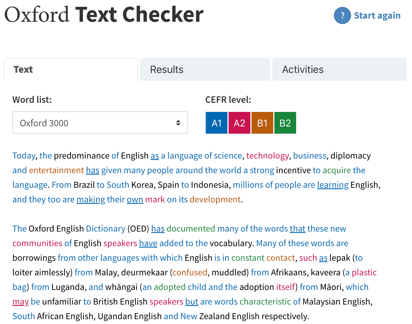 Ejemplo de comprobación de palabras usadas por Oxford 3000