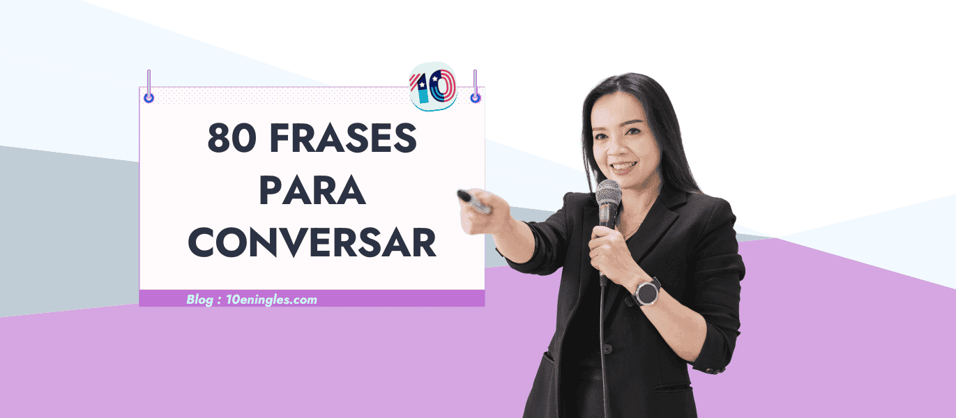 Mujer hablando en un micrófono, presentando 80 frases para conversar en inglés.