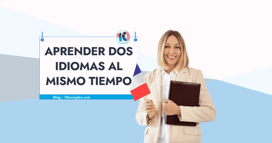 Mujer sonriente sosteniendo una bandera francesa y una carpeta, representando el aprendizaje de dos idiomas simultáneamente.