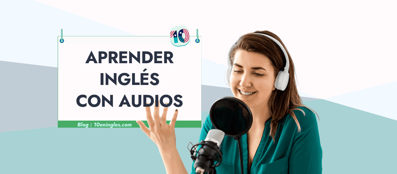 Mujer con auriculares escuchando y hablando en un micrófono, aprendiendo inglés con audios.