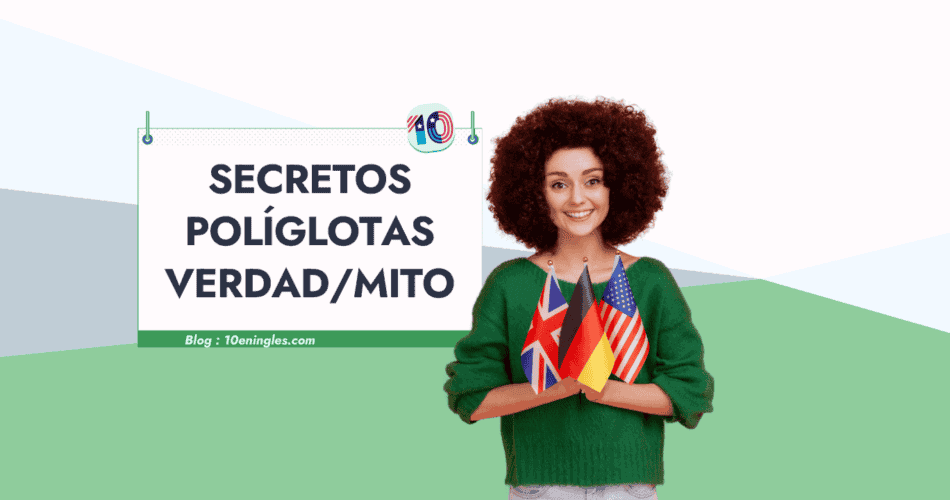 Mujer sonriente sosteniendo banderas de diferentes países, representando a una poliglota.