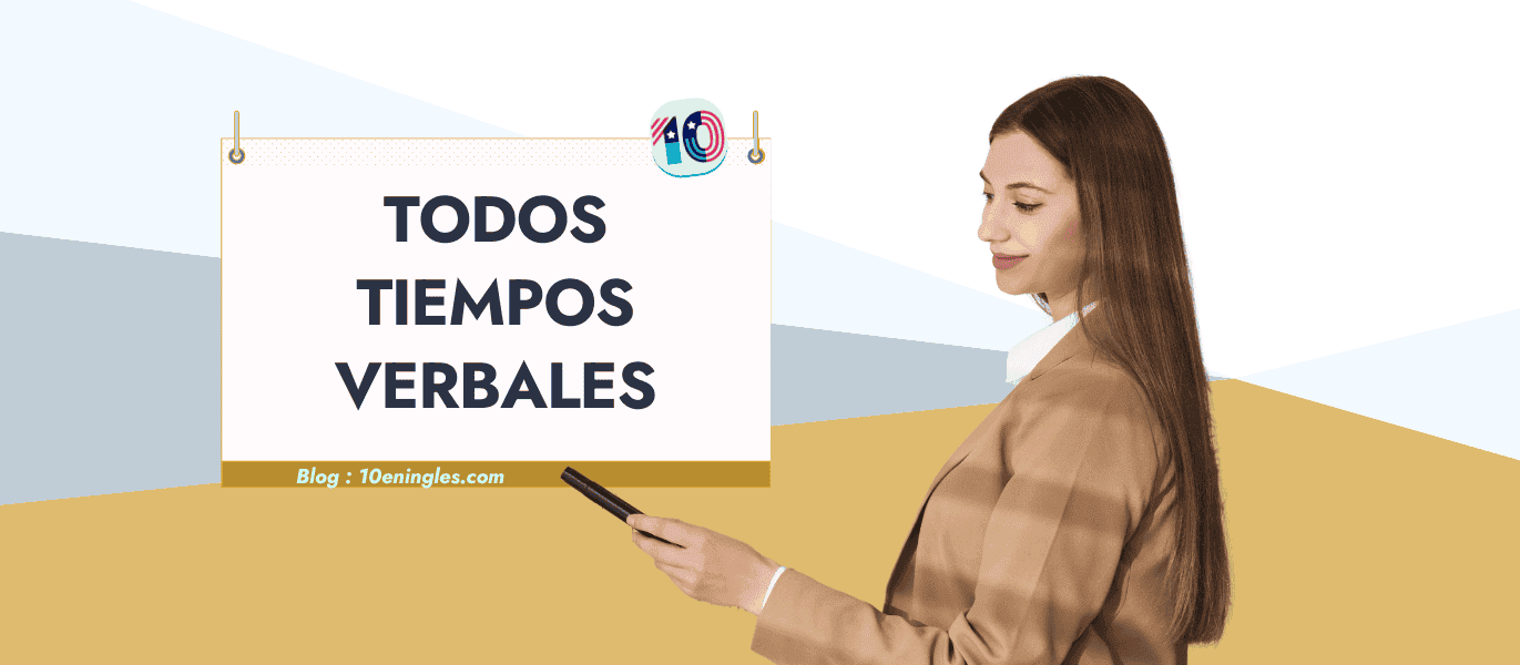 Imagen de mujer señalando cartel con texto sobre los tiempos verbales en inglés.