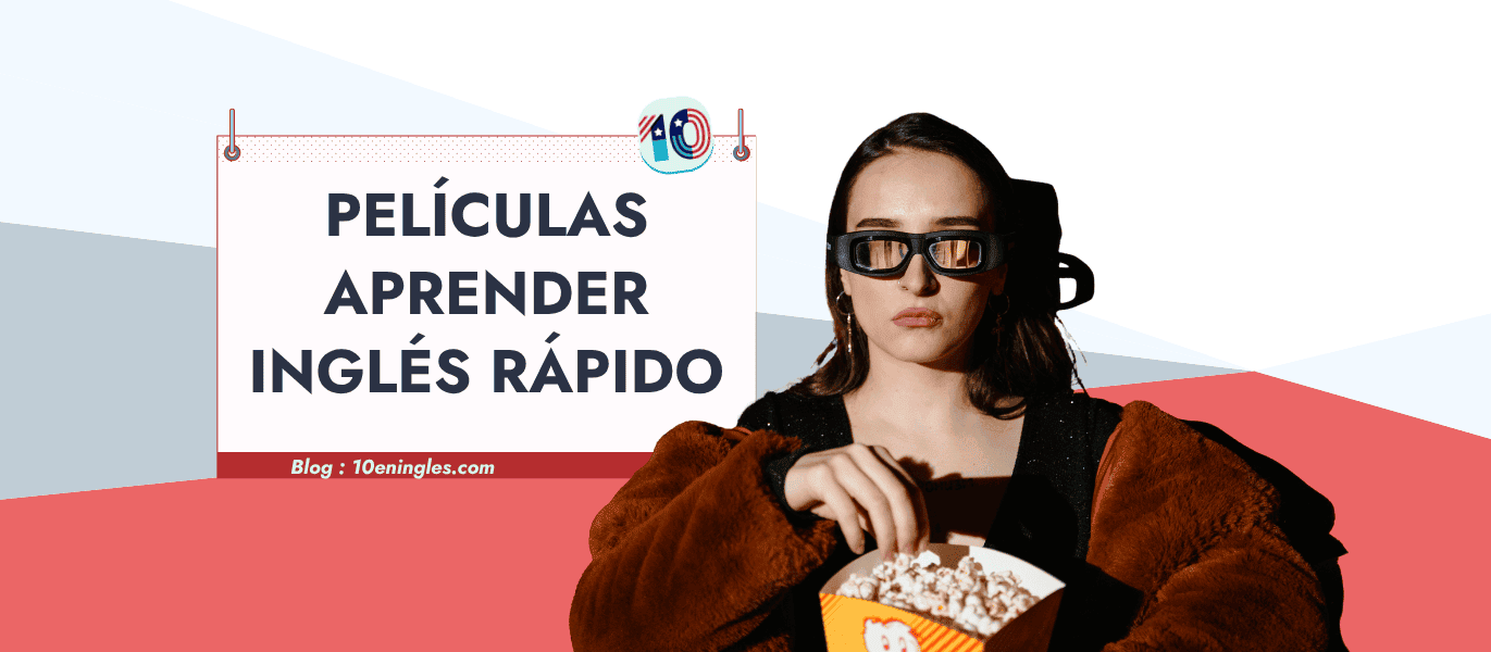 Mujer con gafas 3D comiendo palomitas lista para ver películas para aprender inglés