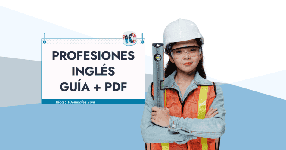 Mujer joven ingeniera con casco blanco y chaleco reflectante, sosteniendo un nivel de burbuja. Imagen relacionada con profesiones en inglés, guía y PDF descargable.