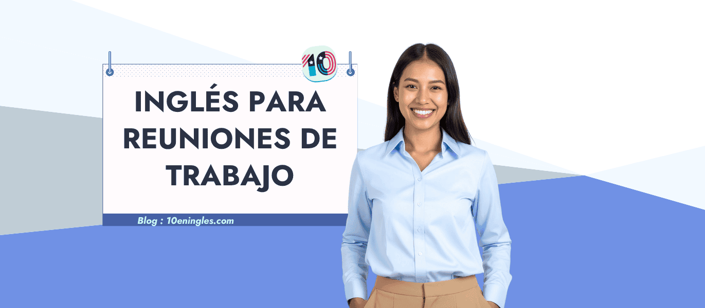 Portada del artículo sobre inglés para reuniones de trabajo con cartel del título y mujer profesional sonriente