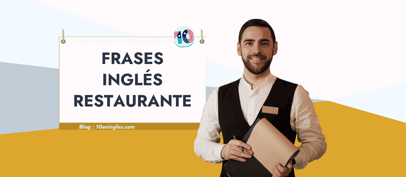 Camarero sonriente sosteniendo un menú y un bloc de notas, con un cartel flotante que dice "Frases inglés restaurante".