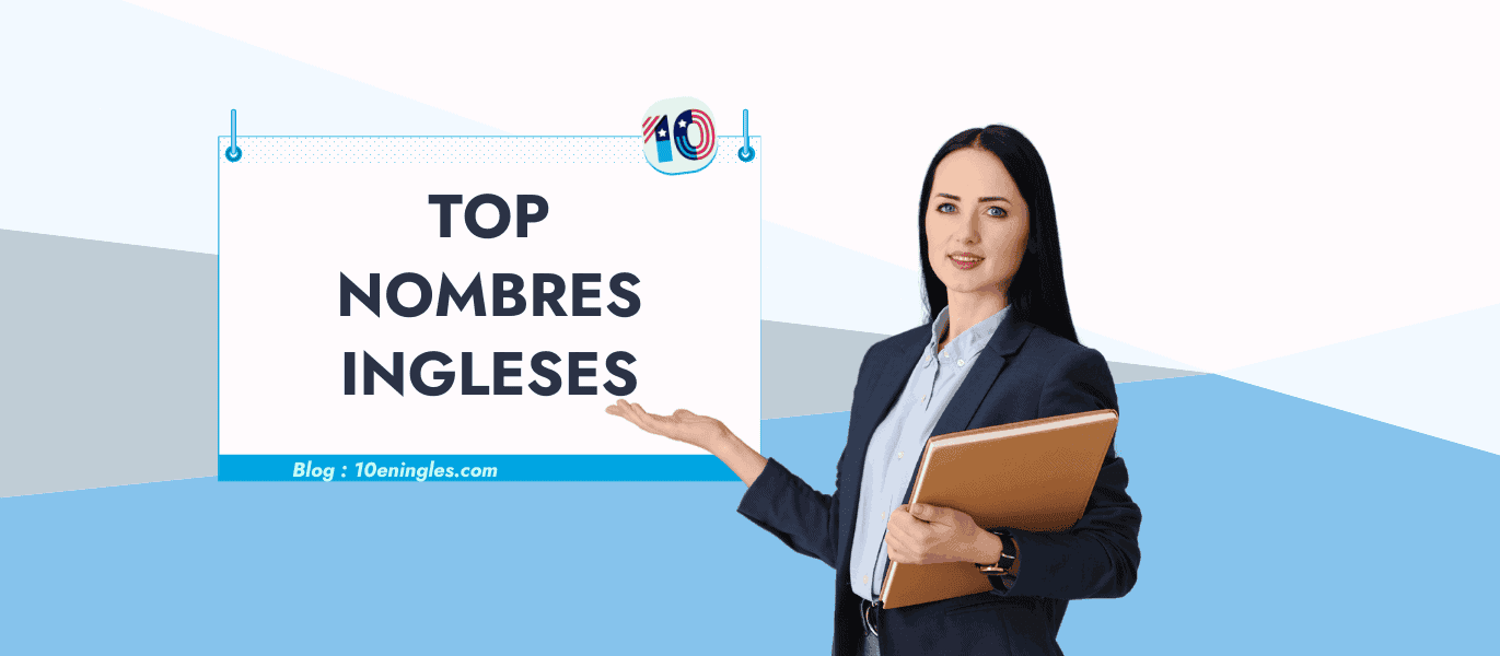 Una mujer de negocios está de pie delante de un cartel que dice "Top Nombres Ingleses".