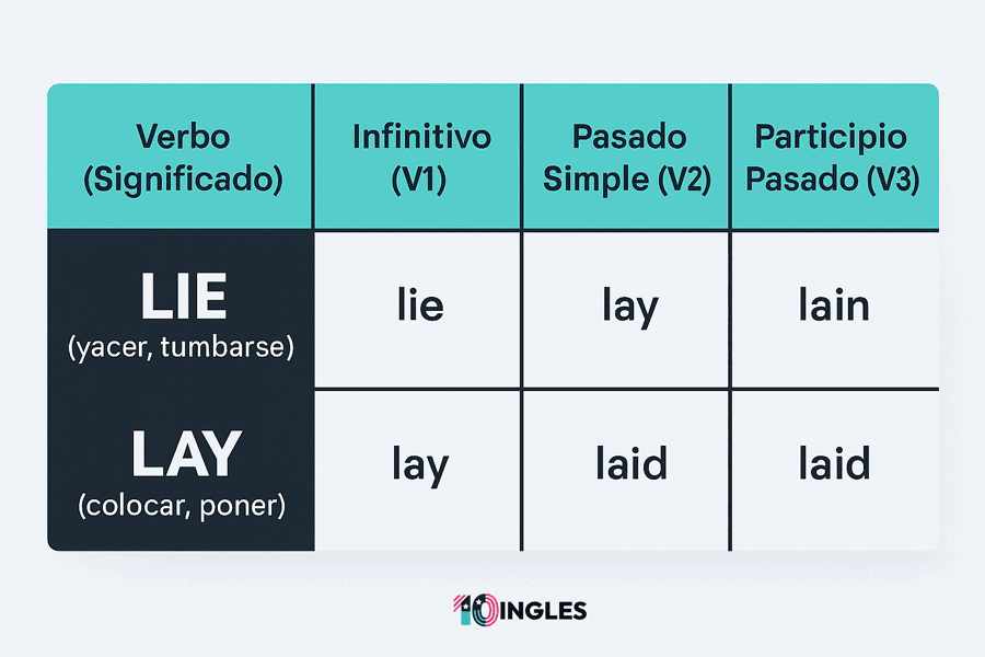 Tabla con las formas verbales de lie vs lay
