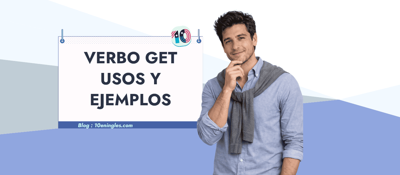 Portada educativa sobre el verbo get con una persona junto a un cartel que presenta una guía de usos y ejemplos en inglés