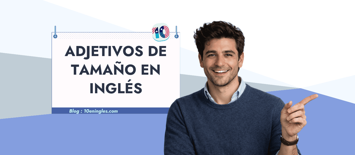 Profesor Aleks Luka señalando el título de la guía de adjetivos de tamaño en inglés