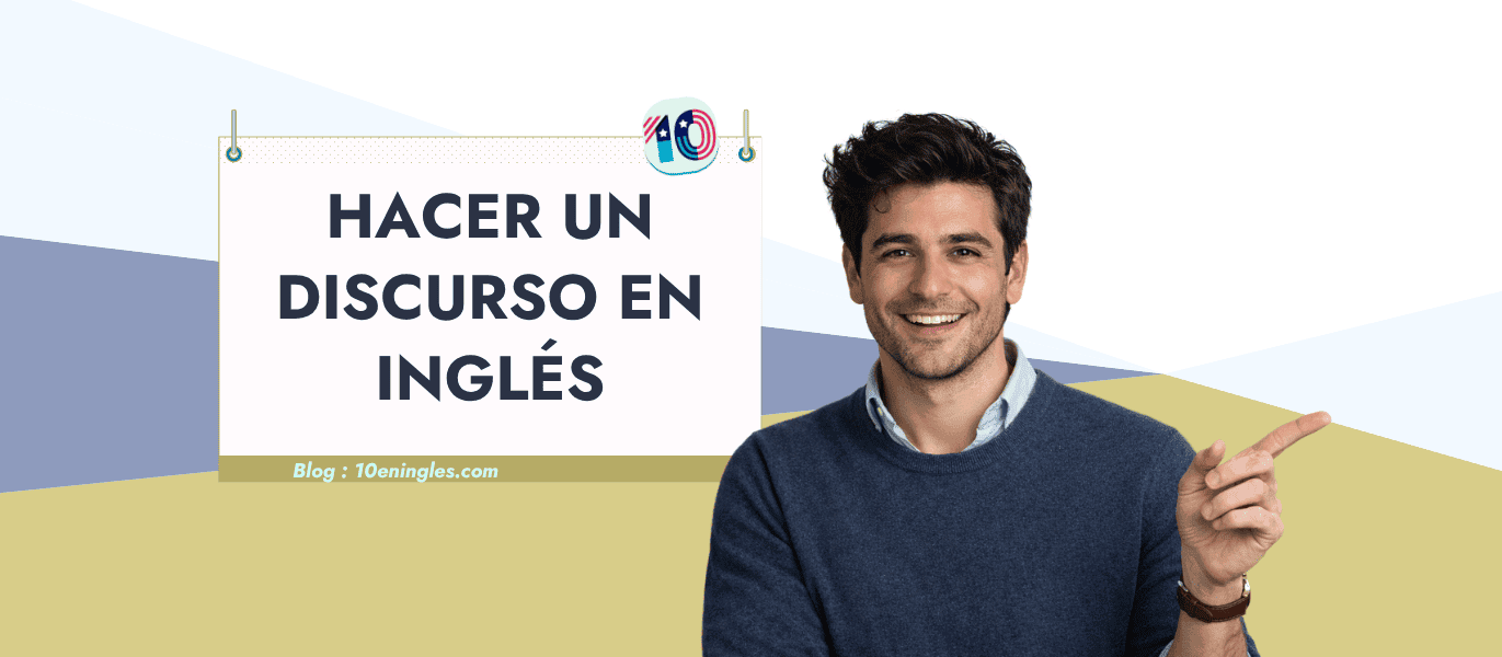 Profesor sonriendo y señalando una pizarra con el texto hacer un discurso en inglés.