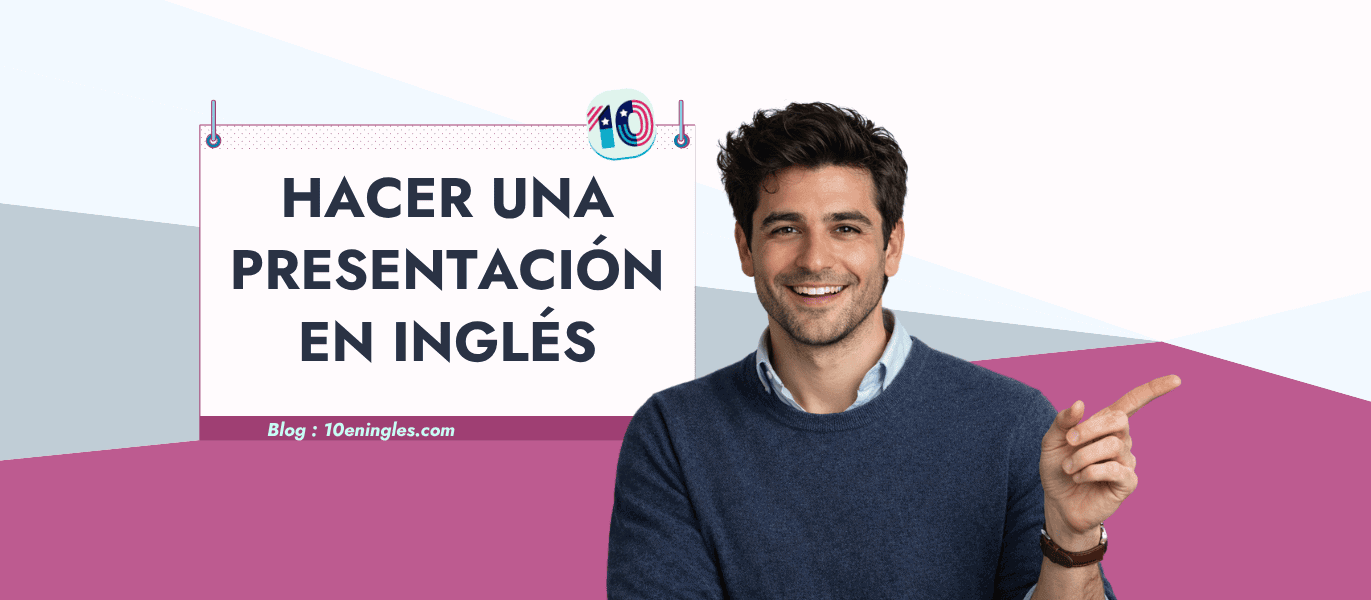 Profesor sonriente señalando un letrero sobre cómo hacer una presentación en inglés