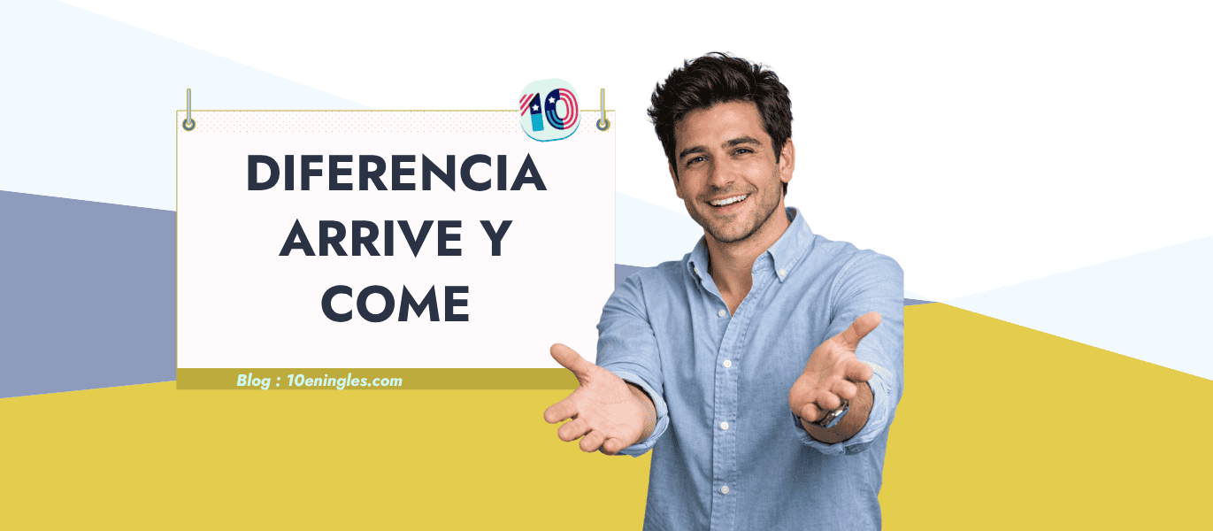 Diferencia entre arrive y come en inglés: hombre invitando con los brazos abiertos junto al título del post