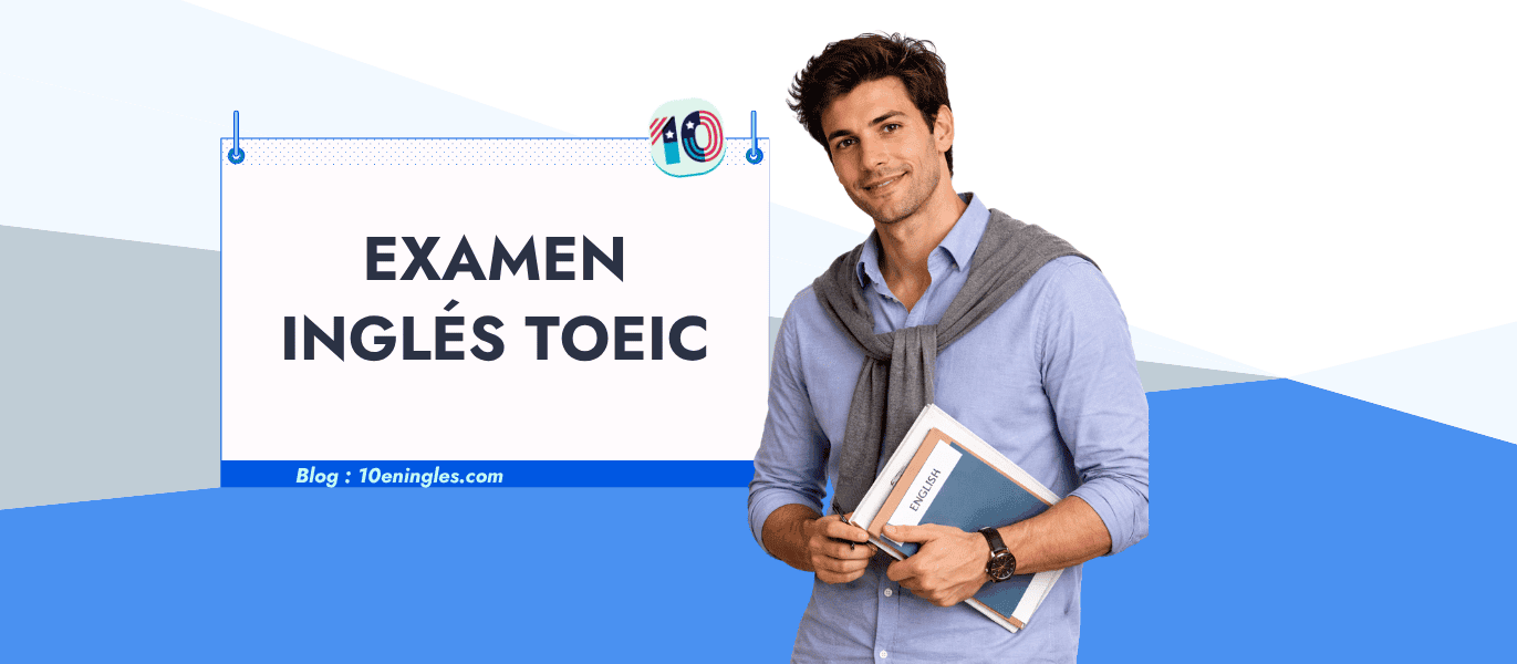 Estudiante joven y sonriente sosteniendo libros mientras se prepara para el examen de inglés TOEIC