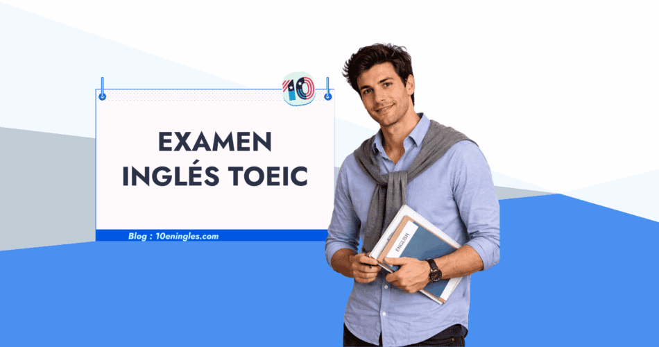 Estudiante joven y sonriente sosteniendo libros mientras se prepara para el examen de inglés TOEIC