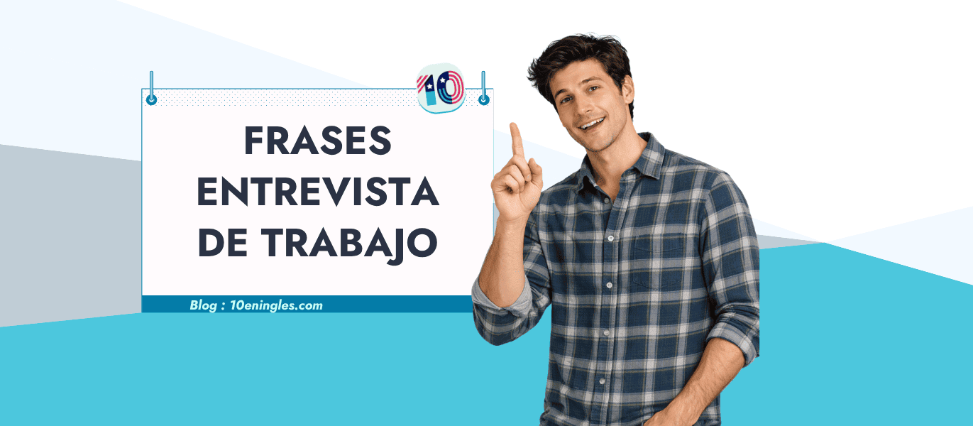 Joven sonriente señalando un letrero con frases para entrevista de trabajo en inglés